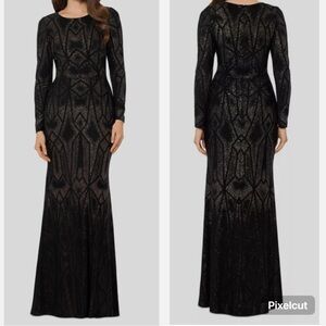 NWT Betsy & Adam Women Black/Copper Long-Sleeve Geo-Glitter Gown Petite‎ Siz 10P